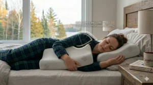 Illustration of the unique shoulder cutout on an orthopedic pillow designed to reduce pressure for side sleepers.