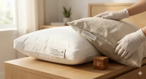 Diagram of a side sleeper using a hypoallergenic pillow to maintain neutral spinal alignment and reduce neck pain.