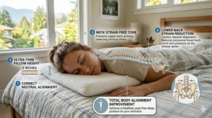 Visual guide on improving sleep posture using an ultra-thin pillow for stomach sleepers to reduce lower back strain.