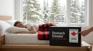 A photorealistic illustration of a branded shipping box for a soft pillow sitting in a cozy bedroom with a maple leaf icon and bilingual text for coast-to-coast Canadian delivery.