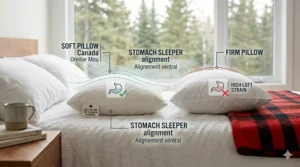 A direct comparison illustration on a bed in a Canadian home showing a soft stomach sleeper pillow with a green checkmark versus a firm high-loft pillow causing neck strain with a red X.