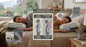A comparison chart showing optimal spinal alignment versus a conventional pillow to reduce shoulder pain while side sleeping.
