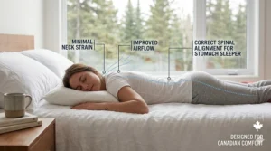 A 4K photorealistic diagram showing a stomach sleeper in a Canadian bedroom maintaining correct spinal alignment and minimal neck strain using a thin soft pillow with professional graphical labels.