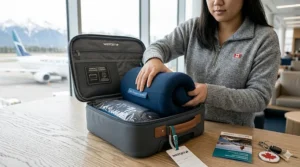 A cozy travel pillow for side sleepers on a bed in a Canadian mountain cabin. / Un oreiller de voyage confortable pour dormeurs sur le côté sur un lit dans un chalet de montagne canadien.