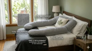 An illustration showing how a U-shaped pillow provides total body support, back cushioning, and knee alignment for pregnancy side sleepers.