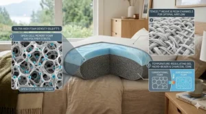 Detailed technical illustration of open-cell memory foam and Tencel weave for optimal airflow in a side sleeper pillow.