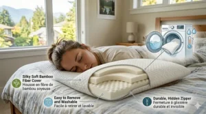 Illustration of a removable, washable bamboo cover for a thin pillow for stomach sleepers, labeled in English and French.