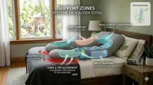 A technical diagram illustrating the travel-ready compactness and foldable wedge technology of a U-shaped pregnancy pillow for side sleepers, in a sunlit Canadian bedroom setting.