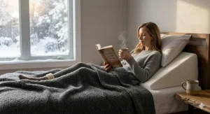 A person using an elevated pillow for GERD to stay comfortable and reflux-free during a cozy winter night in Canada.