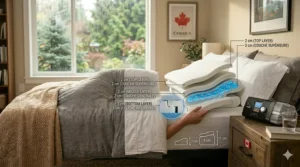 Technical illustration showing the three adjustable foam layers (10cm max) of a CPAP pillow for customized neck support.