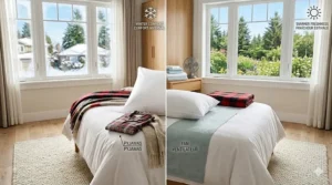 A split illustration showing the pillow's comfort in both snowy Canadian winters and sunny summers.
