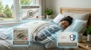 Icons representing hypoallergenic features including "Anti-Allergène" and "Dust Mite Resistant" with a Canadian flag icon.