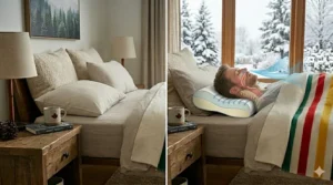 Illustration of a back sleeper positioned on a contour pillow for snoring with the head tilted to keep airways clear.