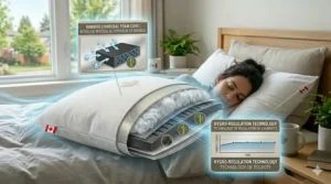A technical diagram of a bamboo charcoal infused hypoallergenic pillow designed for moisture control in humid coastal provinces.