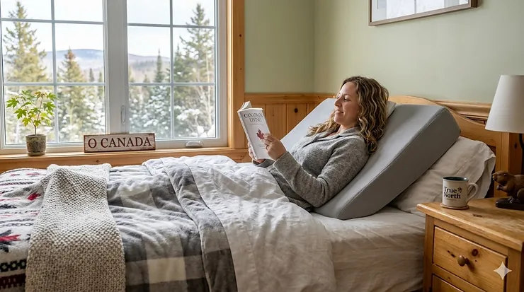 A person resting comfortably on an acid reflux pillow in a cozy, sunlit Canadian bedroom with a maple leaf decor accent.
