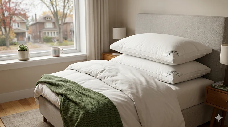 A premium certified hypoallergenic pillow on a bed in a cozy Canadian bedroom, highlighting its dust mite resistant fabric for allergy-free sleep.