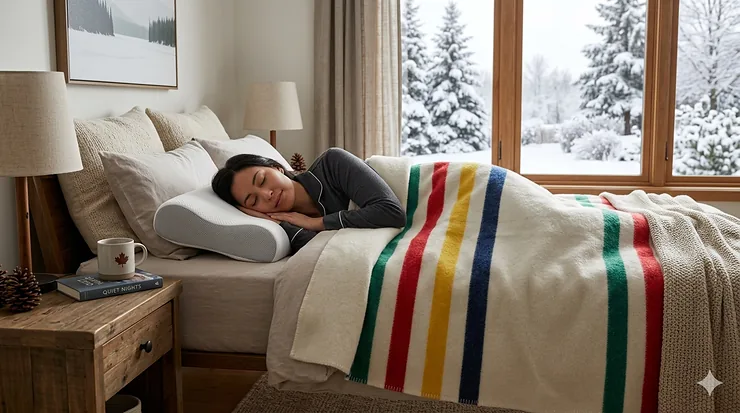 A person sleeping peacefully on a contour pillow for snoring in a cozy Canadian bedroom with a Hudson’s Bay style blanket.