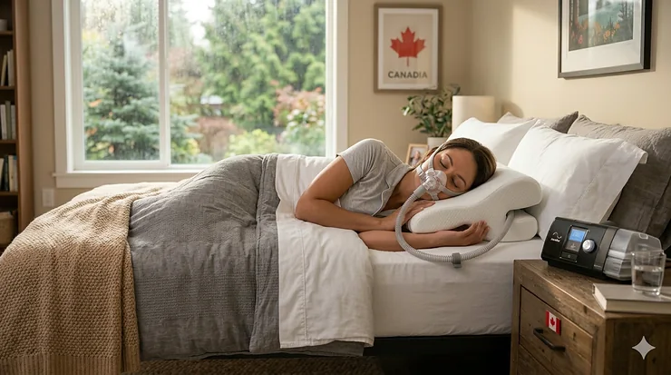 A woman sleeping comfortably with a CPAP mask on a contoured pillow in a sunlit Canadian bedroom with a maple leaf poster.
