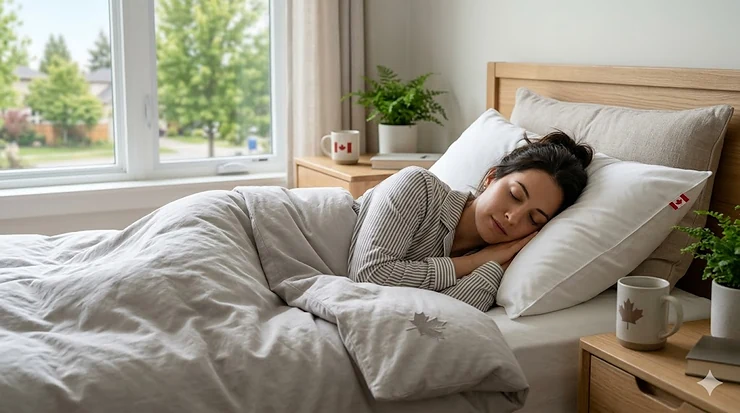 A person sleeping comfortably on a premium hypoallergenic pillow in a bright Canadian bedroom with a maple leaf decor accent.
