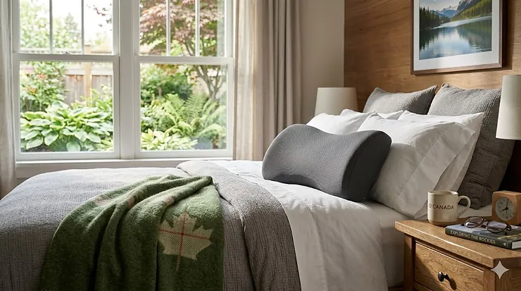 A Canadian bedroom featuring a high-quality lumbar support pillow for bed use, styled with a cozy maple-leaf patterned throw.