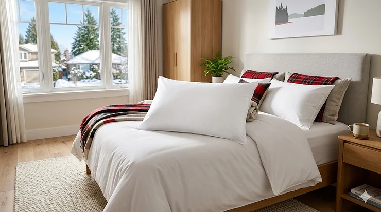 A high-quality pillow for dust mite allergies on a bed with cozy winter linens in a bright Canadian bedroom.