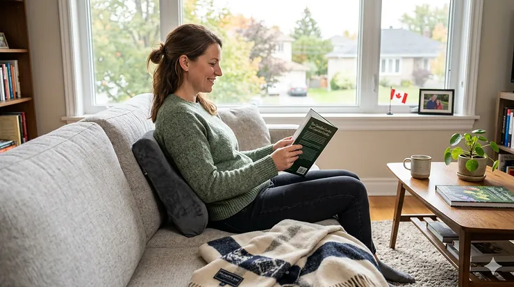 A person resting comfortably on a sofa in a bright Canadian living room using a supportive pillow for lower back pain.