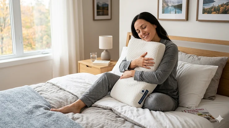 A person waking up without back pain using a contoured spinal alignment pillow in a bright Canadian bedroom.