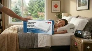 Photorealistic product box for a CPAP pillow featuring bilingual English and French text (oreiller pour PPC) for the Canadian market.