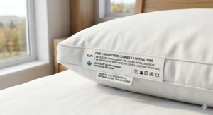 Illustration of a pillow care label in English and French (En/Fr) highlighting the certified hypoallergenic materials and washing instructions.