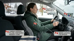 Product packaging for a pillow for lower back pain featuring English and French text for the Canadian market.