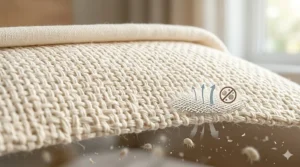 Close-up illustration of the breathable, tightly woven fabric used in an allergen free pillow to block dust mites and pet dander.