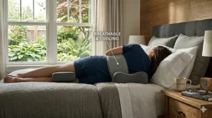 Close-up illustration of breathable mesh fabric on a lumbar pillow, perfect for humid Ontario or BC summers.