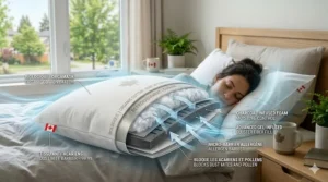 A cross-section illustration of a breathable organic cotton hypoallergenic pillow, highlighting airflow for warm Canadian summers.