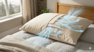 Illustration showing airflow through organic cotton pillow layers for a cool sleep in Canadian summers.