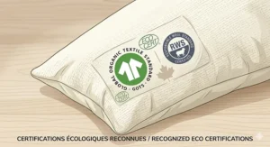Diagram with cooling performance scale showing blue arrows illustrating natural airflow and temperature regulation through an eco friendly pillow organic.