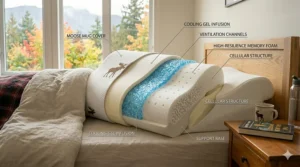 A stylized illustration of a cozy Canadian bedroom featuring an elevated pillow to stop snoring on a flannel-covered bed.