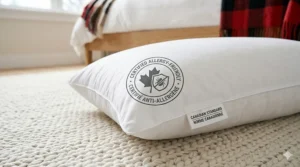 A seal of quality for a pillow for dust mite allergies, featuring English and French (anti-acarien) text.