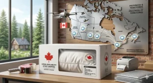 A stylized map of Canada with a certified hypoallergenic pillow icon, representing fast shipping and local availability for Canadian provinces.