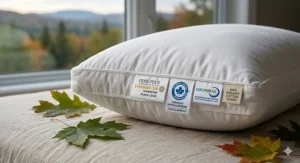 An illustration showing a pillow with official hypoallergenic and CertiPUR-US certification seals recognized in Canada.