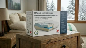 Product box for a contour pillow for snoring featuring English and French (Français) text and CertiPUR-US certification logo.