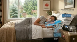 A photorealistic cutaway of a CPAP pillow showing the cooling gel layer and airflow technology for climate control in Canada.