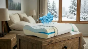 Close-up illustration of breathable cooling gel foam layers in a contour pillow for snoring, ideal for Canadian summers.