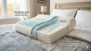 Close-up of breathable cooling gel layers in a spinal alignment pillow, ideal for humid Canadian summers.