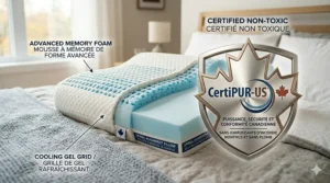 Illustration of a cozy Canadian winter bedroom setup featuring an ergonomic spinal alignment pillow.