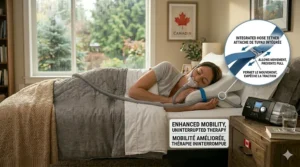 Detailed shot of a CPAP pillow featuring a specialized hose tether to prevent tubing pull and ensure a mask-leak-free sleep.