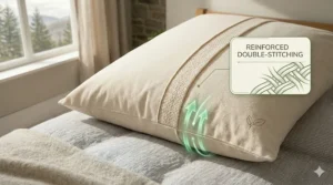 Detailed illustration of reinforced stitching on an organic cotton pillow designed for long-term use.