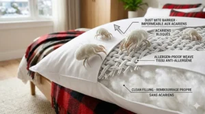 Close-up illustration of tight-weave fabric blocking dust mites and allergens from entering the pillow.