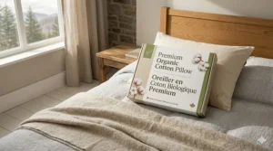 Eco-friendly packaging for an organic cotton pillow labeled in English and French (oreiller en coton biologique).