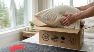 An eco-friendly production process of a chemical free pillow, emphasizing sustainable practices and low carbon footprint in Canada.