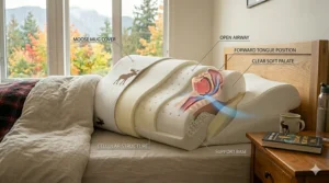 Illustration showing the dual benefits of an elevated pillow for stopping snoring and reducing nighttime acid reflux.